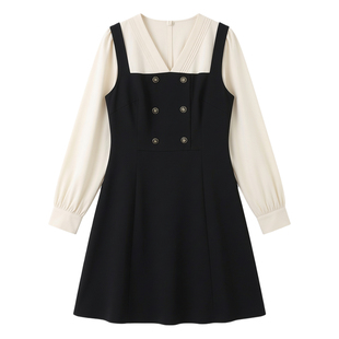 绮娑2026年春装新款气质V领收腰A字遮肉显瘦百搭长袖假两件连衣裙