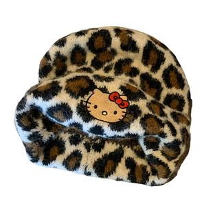 可爱豹纹kitty猫刺绣毛线帽女秋冬季保暖显脸小针织帽大头围帽子