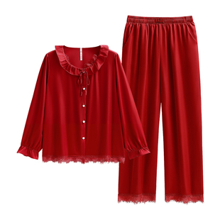 悦内红色睡衣结婚新婚情侣套装新娘新郎冰丝绸男女一对春秋家居服