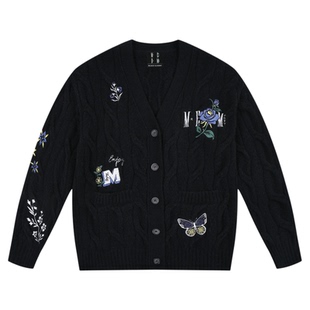 MEDM 民族风花卉蝴蝶刺绣休闲开衫毛衣秋冬新款保暖V领情侣针织衫