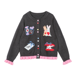 NORNOR陈大猪童装女童针织开衫冬季卡通加厚女孩保暖外套儿童毛衣