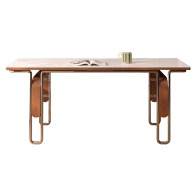 木小咖中古风岩板实木餐桌长方形北欧不锈钢包豪斯复古家具吃饭桌