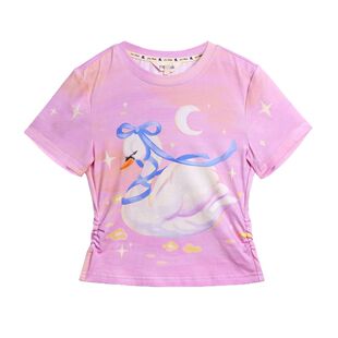 pocoblush原创设计天鹅梦印花T恤儿童短袖夏装女薄款天然凉感上衣