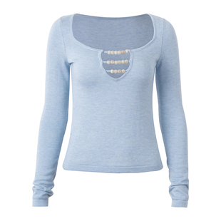 PynkiSwear 浅蓝美丽诺羊毛圆领镂空串珠针织衫T恤修身上衣女秋