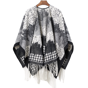 YUESPACE双面羊毛斗篷外套女秋冬时尚印花披肩中长款宽松洋气流苏