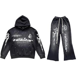 Hellstar Studios flare  flame pants hoodie拼接长裤卫衣套装