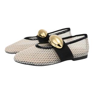 MIO米奥秋新单鞋平底鞋镂空渔网玛丽珍一字扣带芭蕾舞鞋女鞋