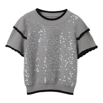 糖皮出品 花路微微香 卜灵卜灵亮片 双层撞色袖 夏季棉麻针织衫