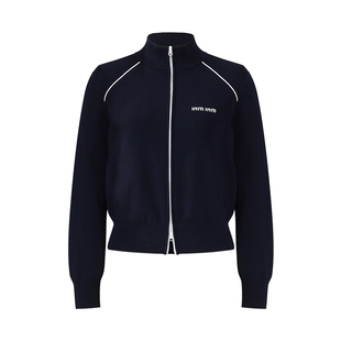 IAmMIX27双拉链立领针织开衫女黑色修身显瘦撞色字母提花短款上衣