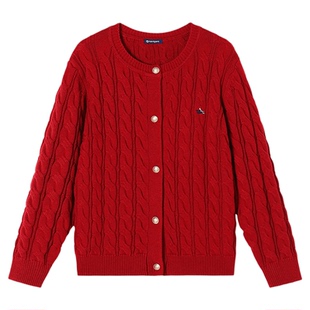 Navigare意大利小帆船女童红色毛衣儿童毛衫春秋针织开衫上衣外套