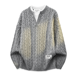 马克华菲麻花纹毛衣男士冬季新款针织衫男款高级感假两件内搭上衣