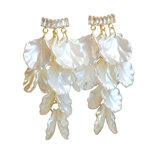 《花雾里》超仙气质度假夸张氛围感白色花瓣流苏长款耳夹耳环耳饰