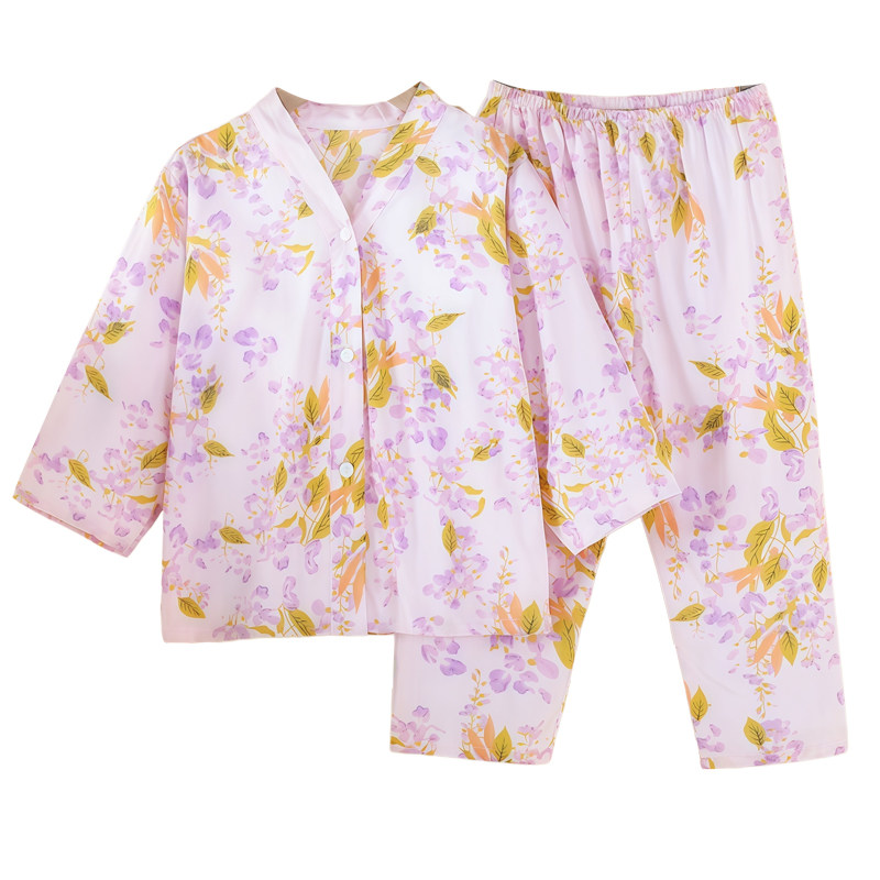 夏季大童青少年棉绸睡衣女孩女童家居服长袖长裤薄绵绸空调服套装