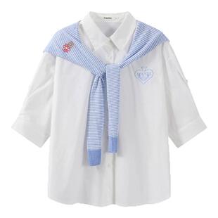 MARDI/航海风条纹披肩衬衫女九分袖Polo领宽松百搭休闲上衣女装