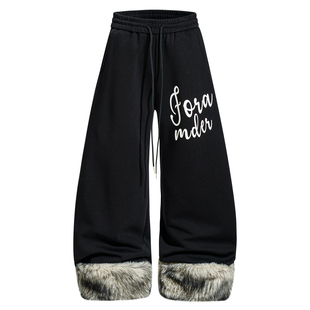 美式复古毛绒裤脚弯刀卫裤女加绒爵士舞宽松百搭垂感休闲阔腿裤子