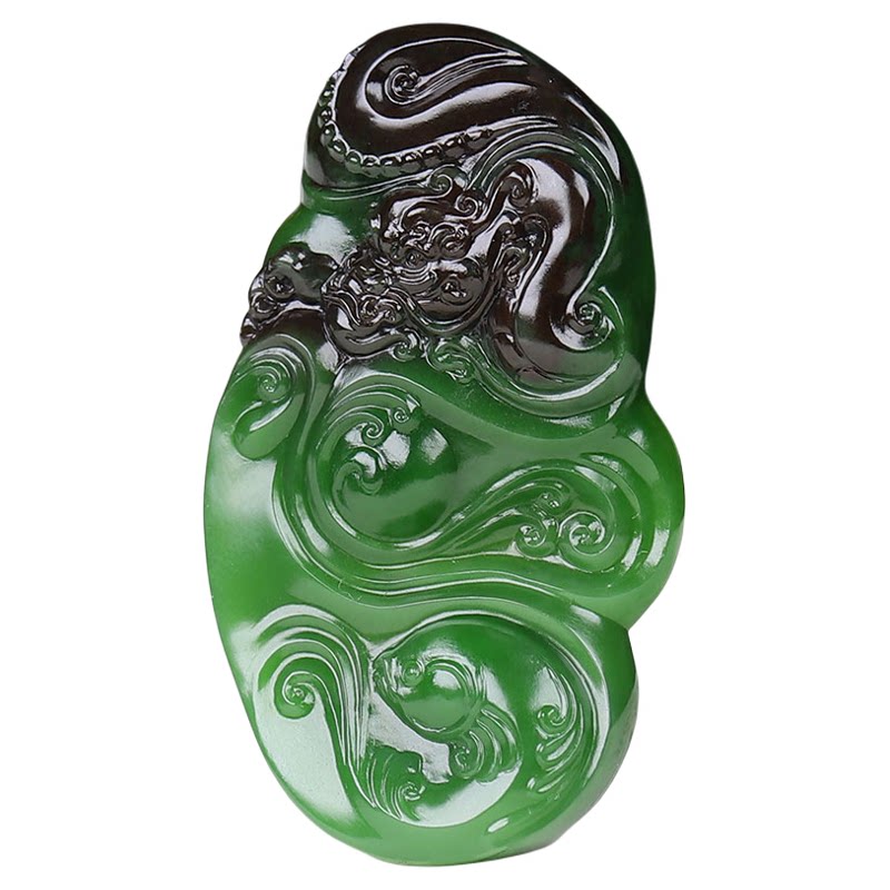 (古晨珠宝) 俄罗斯和田玉菠菜绿聚红皮碧玉鱼化龙挂件吊坠玉坠25g