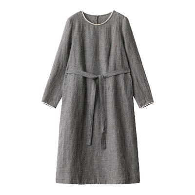 米黑小细格亚麻长袖连衣裙