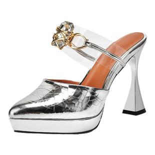 水钻设计感半拖鞋2025新款夏季外穿真皮细跟防水台银色包头凉鞋女