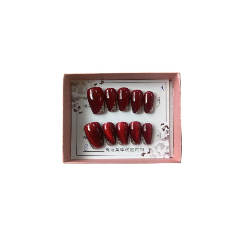 秋冬显白款纯手工定制穿戴甲可拆卸手工美甲成品显白红猫眼斜法式