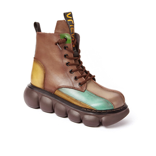 新中式厚底马丁靴女款春秋短筒妈妈鞋真皮韩系小裸靴彩虹色短靴子