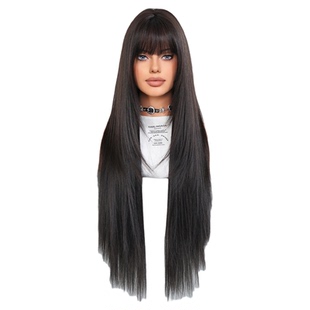 假发女方圆脸高层次超长直发黑色整顶假发齐刘海仿真发全头套wig