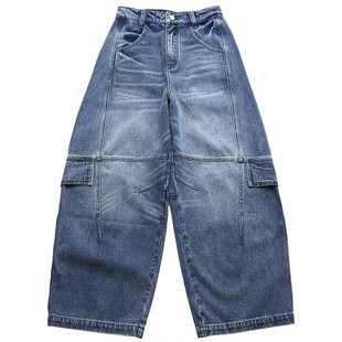 鹿与飞鸟“城野通勤”全棉水洗内里抓绒分割线休闲工装牛仔裤7238