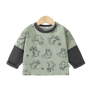 咔咔熊猫宝宝长袖T恤春季童装儿童纯棉假两件上衣春款男女童衣服