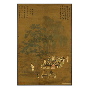 鎏金彩雕 宋徽宗文会图客厅装饰画茶室书房挂画高端定制金箔壁画