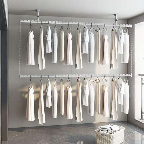 双层阳台晾衣架防风固定式顶装室内隐形家用吊杆晒被子凉衣杆神器