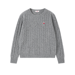 樱桃KIRSH 经典刺绣绵羊毛绞花针织衫女2025秋冬韩系百搭毛衣上衣