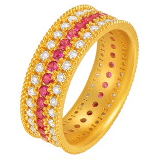 潮港福18K金古法红刚玉排钻戒指 女纯银镶钻排戒指环黄金轻奢送礼