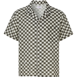 ERL春夏男士古巴领格纹棉麻混纺短袖衬衫