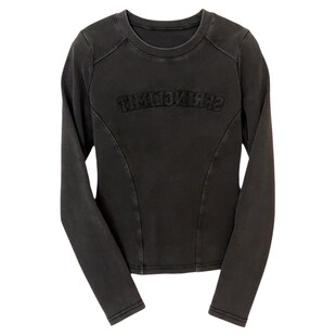 欧货水洗重工刺绣字母长袖t恤女春2026新款修身显瘦短款收腰上衣