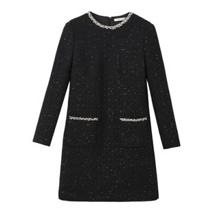 朗姿冬季新款法式复古小香风裙子羊毛气质显瘦通勤正肩长袖连衣裙