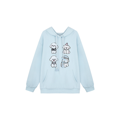 安妮不火 小狗贴布绣银狐绒加厚连帽卫衣女微胖大码宽松显瘦外套