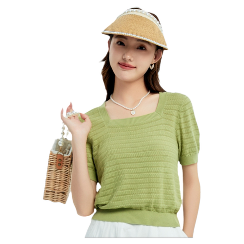 轩日24夏季新款法式方领短袖上衣女洋气商场同款松弛感短款针织衫