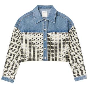 SANDRO秋冬女装法式复古丹宁提花针织拼接牛仔翻领短款长袖外套