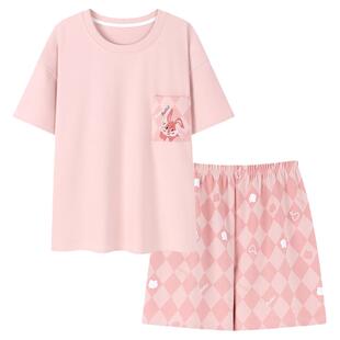 浪莎纯棉睡衣女夏季圆领短袖短裤大码甜美女士休闲宽松家居服套装