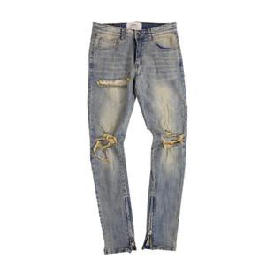 AKAMA新款高街kanye破洞裤潮流复古泛黄破坏修身小脚拉链牛仔裤男