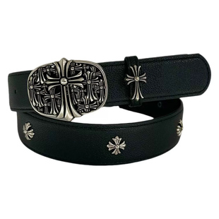 小众亚文化十字架腰带新款黑色CH经典皮带PU铆钉复古腰带男女款