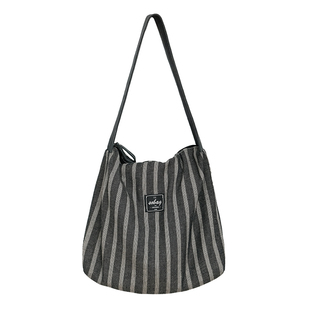 sobag日系条纹秋冬慵懒单肩棉麻帆布包包女通勤拉链大容量托特包