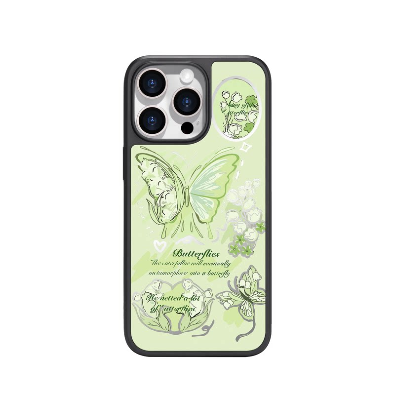 benefit唯美绿铃兰花蝴蝶17适用于iphone16promax苹果15PRO镜面磁吸手机壳13新款14小米15PRO防摔三星S25