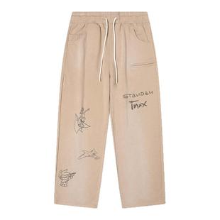 INXX280g重磅运动卫裤男复古喷马骝洗水手绘印花休闲长裤女
