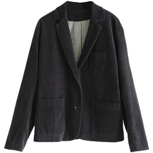 2025春秋新款灯芯绒外套女牙子口袋小西装休闲条绒上衣复古外套