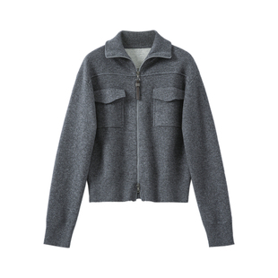 YANGLE_羊毛短款外套女2025年新款韩系秋冬宽松慵懒立领拉链上衣