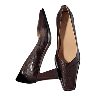 复古风春季新款浅口单鞋方头高跟真皮V口一脚蹬日常百搭通勤女鞋