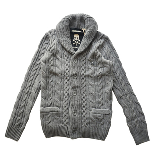 HYDROGEN男士灰色青果领绞花纹针织开衫毛衣保暖骷颅头羊毛衫