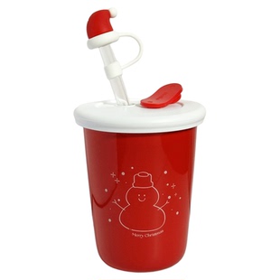 红色雪人咖啡杯陶瓷杯子家用吸管杯圣诞高硼硅玻璃杯牛奶杯礼物