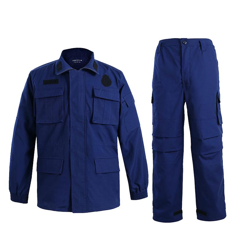 蓝色迷彩服套装男夏季户外长袖耐磨工作服宽松多口袋秋冬训练服装