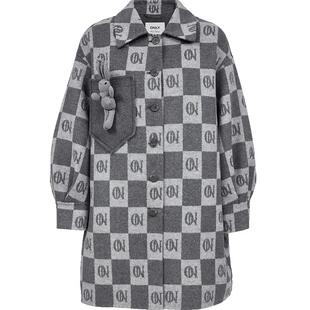 【ONLY奥莱】春款宽松落肩棋盘格翻领休闲羊毛混纺廓形毛呢大衣女